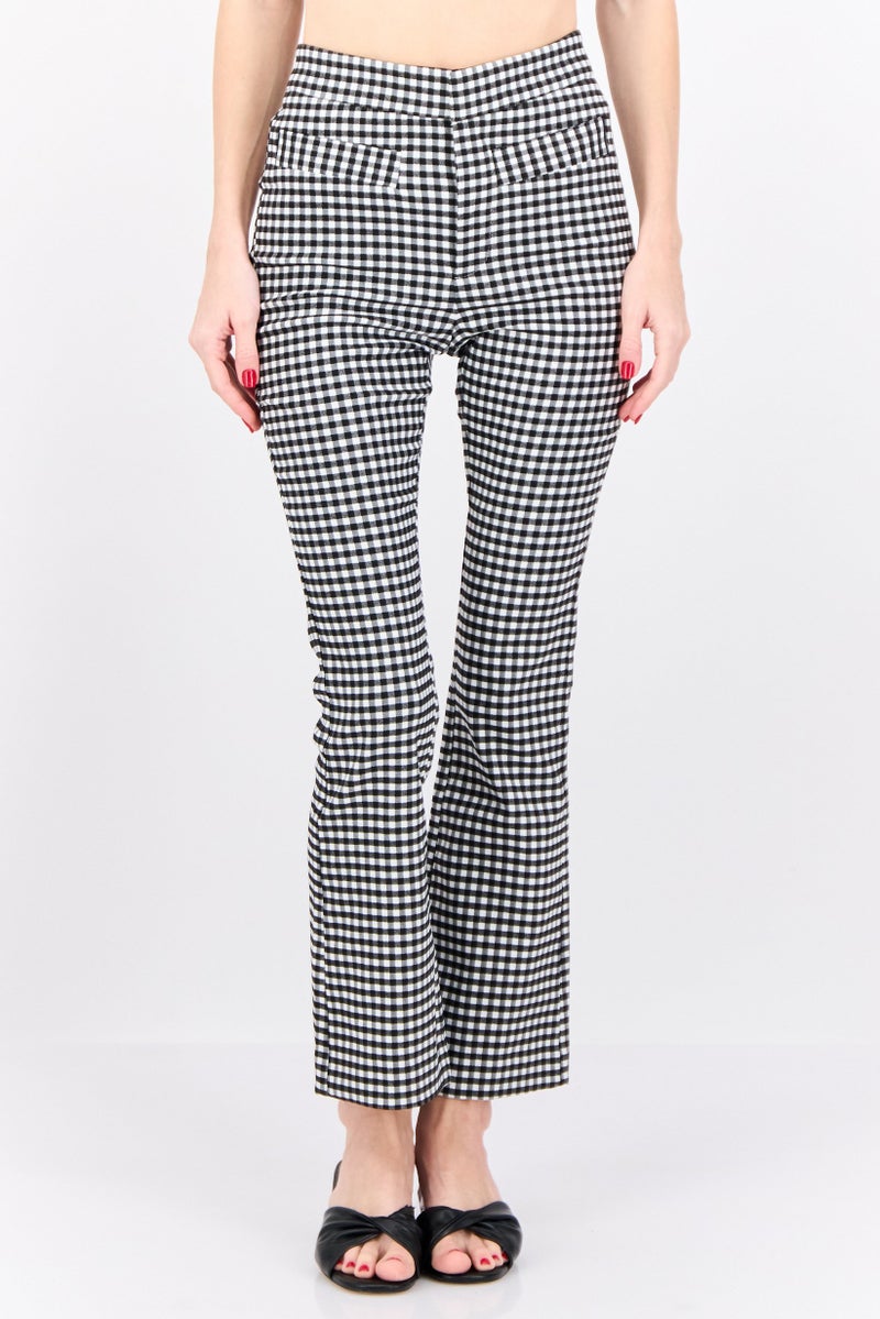 MANGO Women Flare Fit Checkered Crop Pants, Black  - Image 1