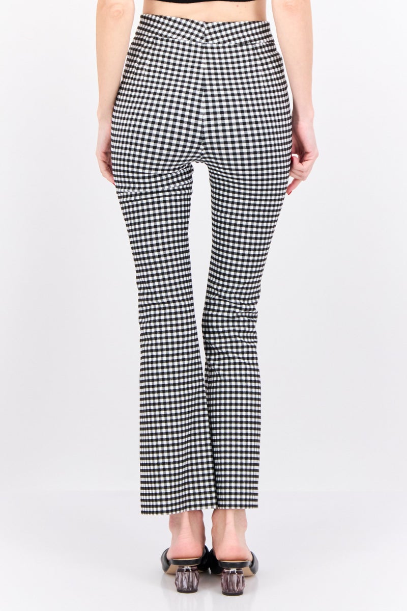 MANGO Women Flare Fit Checkered Crop Pants, Black  - Image 3
