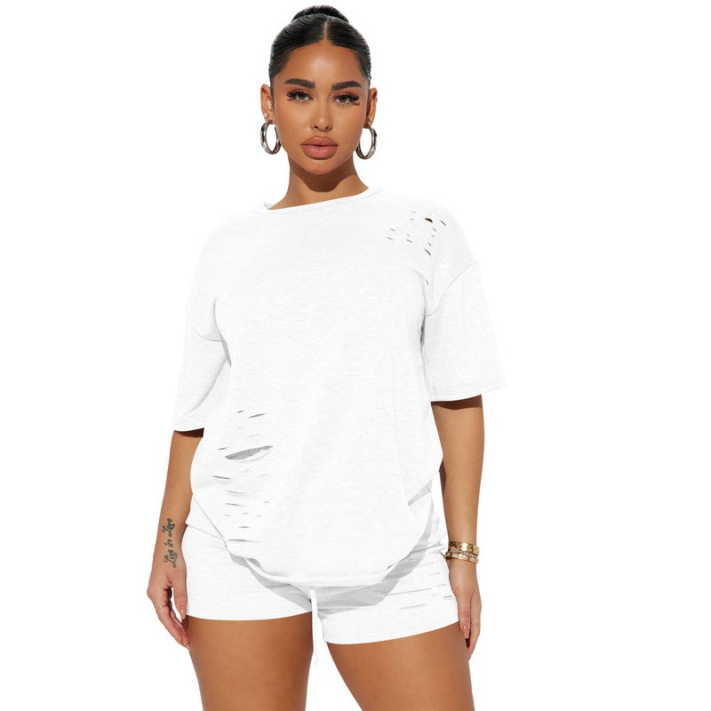 Yd8704-C6 Special Price Goods Non-Returnable Non-Exchangeable European and American Clothing Fashionable Casual Ripped Pure Color Two-Piece Set - Image 3