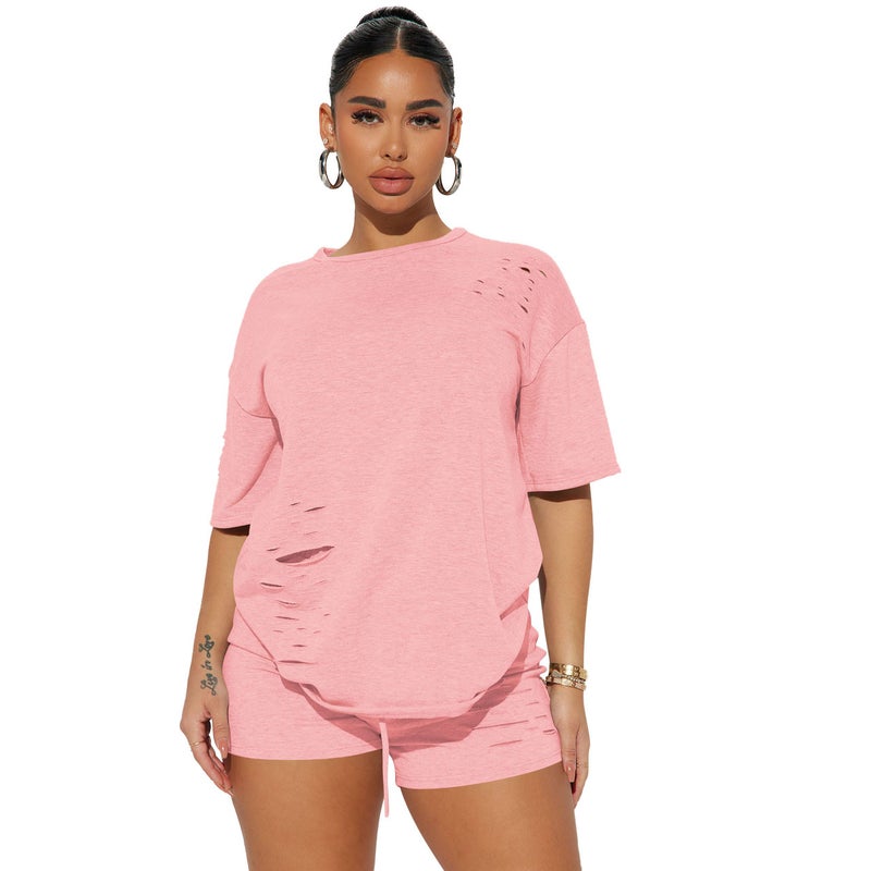 Yd8704-C6 Special Price Goods Non-Returnable Non-Exchangeable European and American Clothing Fashionable Casual Ripped Pure Color Two-Piece Set - Image 4