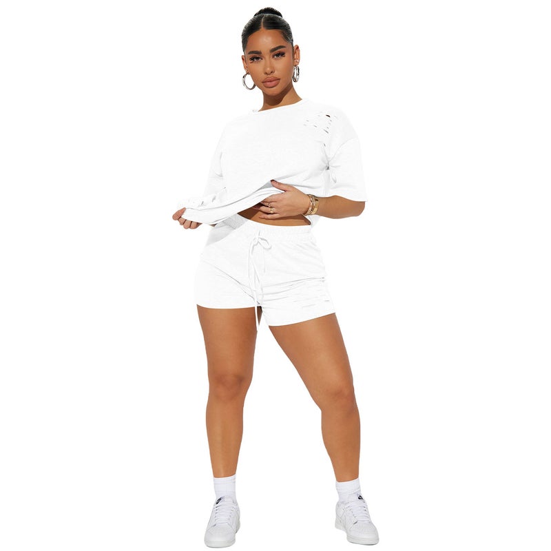Yd8704-C6 Special Price Goods Non-Returnable Non-Exchangeable European and American Clothing Fashionable Casual Ripped Pure Color Two-Piece Set - Image 1