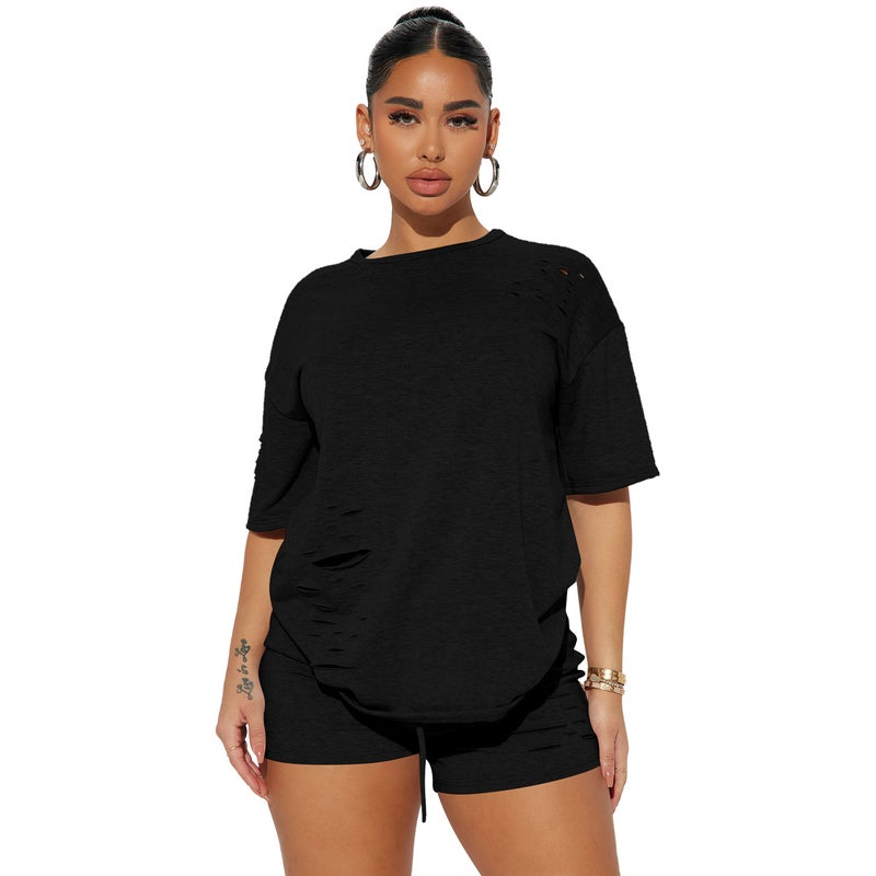 Yd8704-C6 Special Price Goods Non-Returnable Non-Exchangeable European and American Clothing Fashionable Casual Ripped Pure Color Two-Piece Set - Image 5