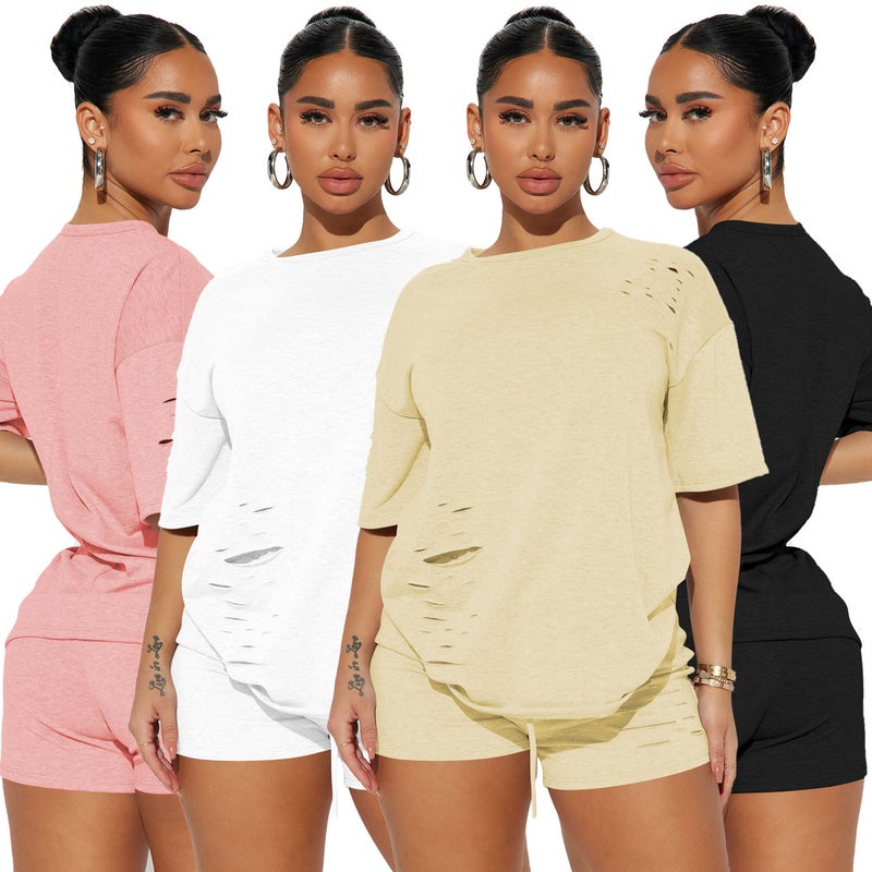 Yd8704-C6 Special Price Goods Non-Returnable Non-Exchangeable European and American Clothing Fashionable Casual Ripped Pure Color Two-Piece Set - Image 2