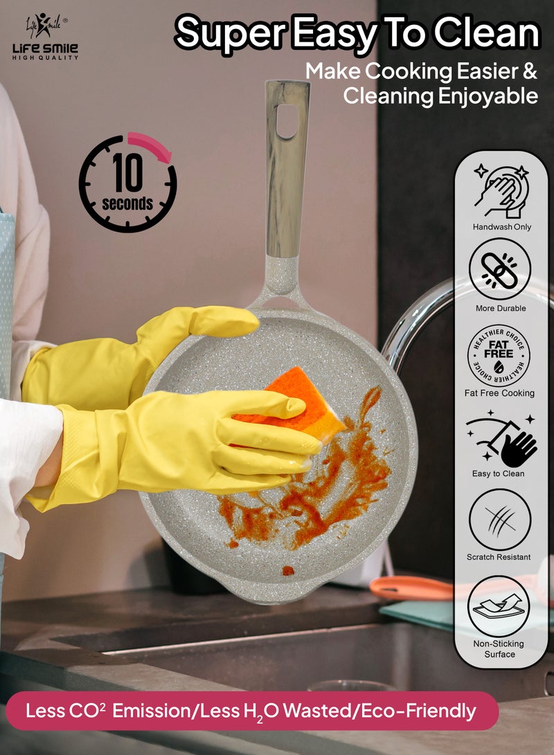 22CM Frying Pan With Lid - 5 Layer Granite Coating with Multiple Hob Compatibility  Heat-Resistant Handle - Induction bottom