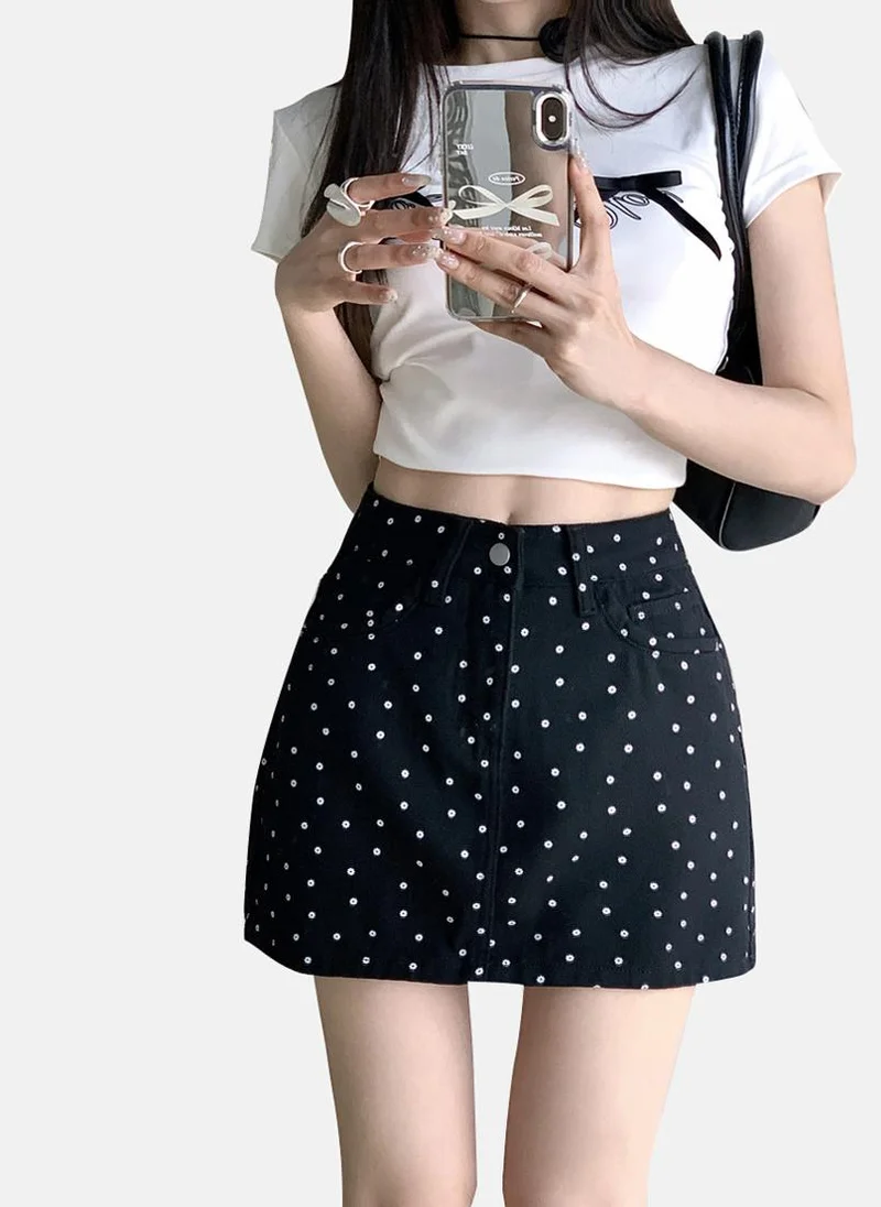 YUNIQEE Black Polka Dots  Denim Mini Skirt