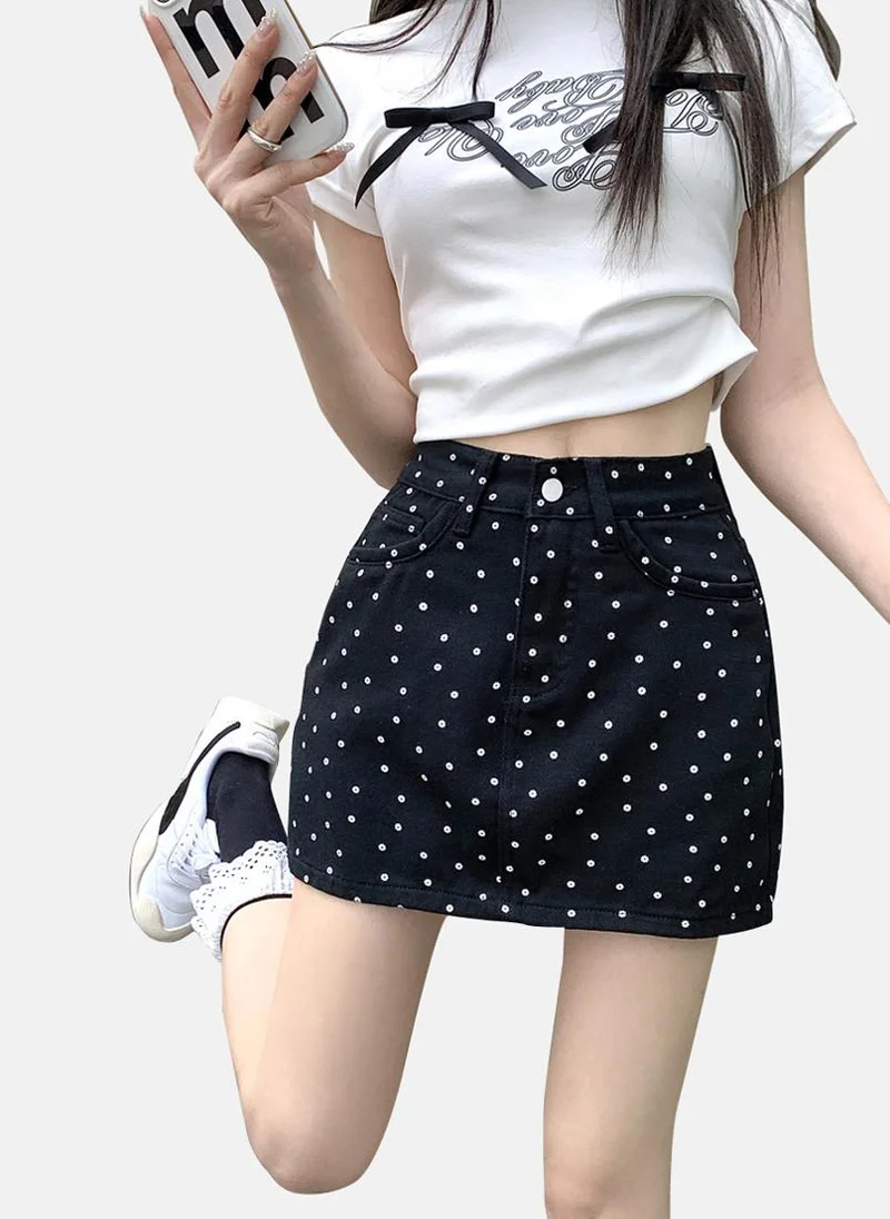 YUNIQEE Black Polka Dots  Denim Mini Skirt