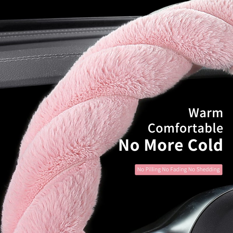HighnessHwoo Luxury Fluffy Winter Car Steering Wheel Cover for Women Soft Warm Plush Cute Auto Accessories for Vehicle, Sedan, Universal, Fuzzy, Anti Slip, Pink, Standard Size, 14.75-15.15" - Image 4