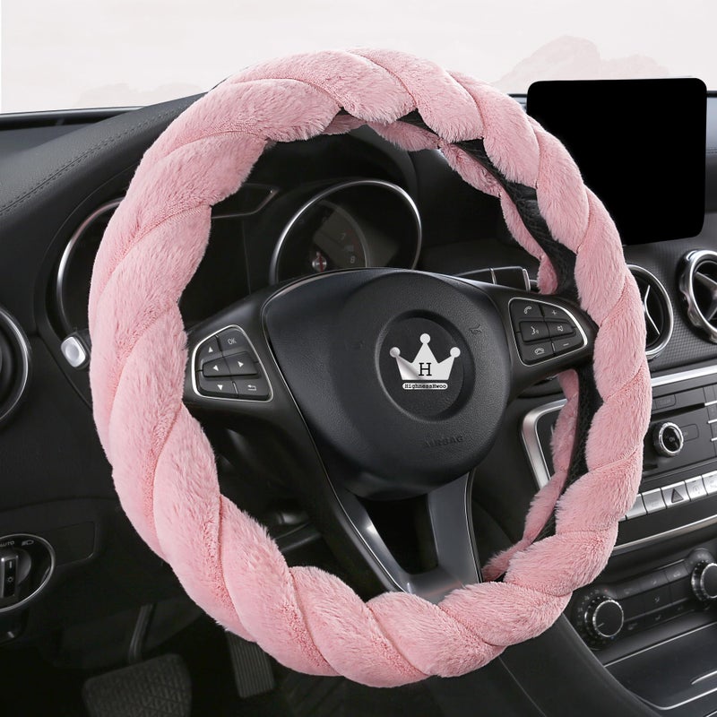 HighnessHwoo Luxury Fluffy Winter Car Steering Wheel Cover for Women Soft Warm Plush Cute Auto Accessories for Vehicle, Sedan, Universal, Fuzzy, Anti Slip, Pink, Standard Size, 14.75-15.15" - Image 2