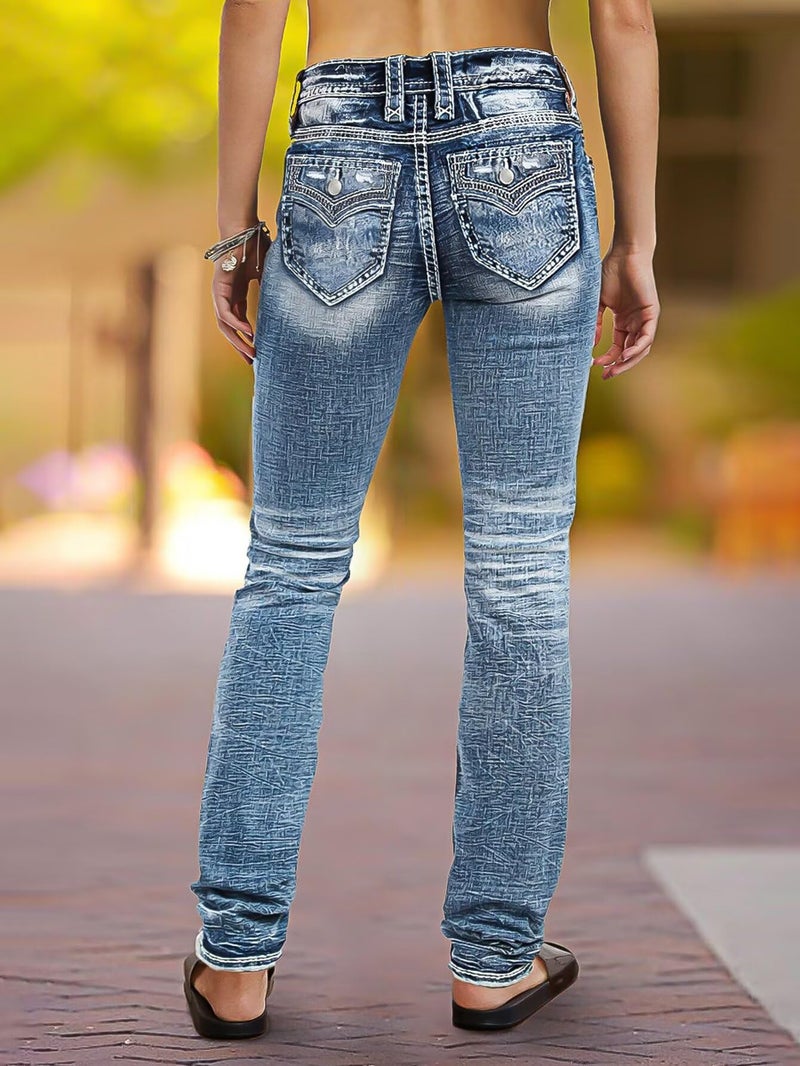 Flamingals Mid Rise Skinny Jeans for Women Trendy Wash Stretchy Butt Lifting Western Jeans with Pocket Back Artesia Light Blue M - Image 3