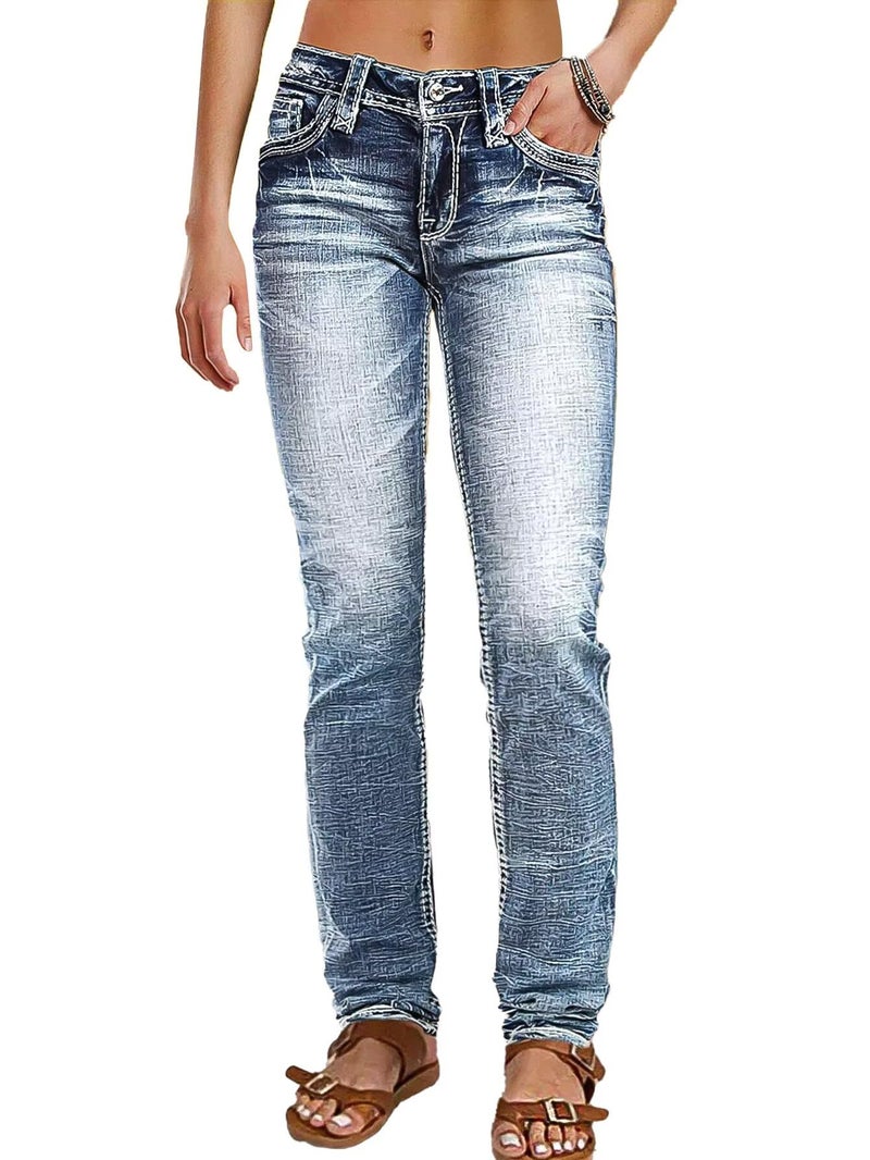 Flamingals Mid Rise Skinny Jeans for Women Trendy Wash Stretchy Butt Lifting Western Jeans with Pocket Back Artesia Light Blue M - Image 1