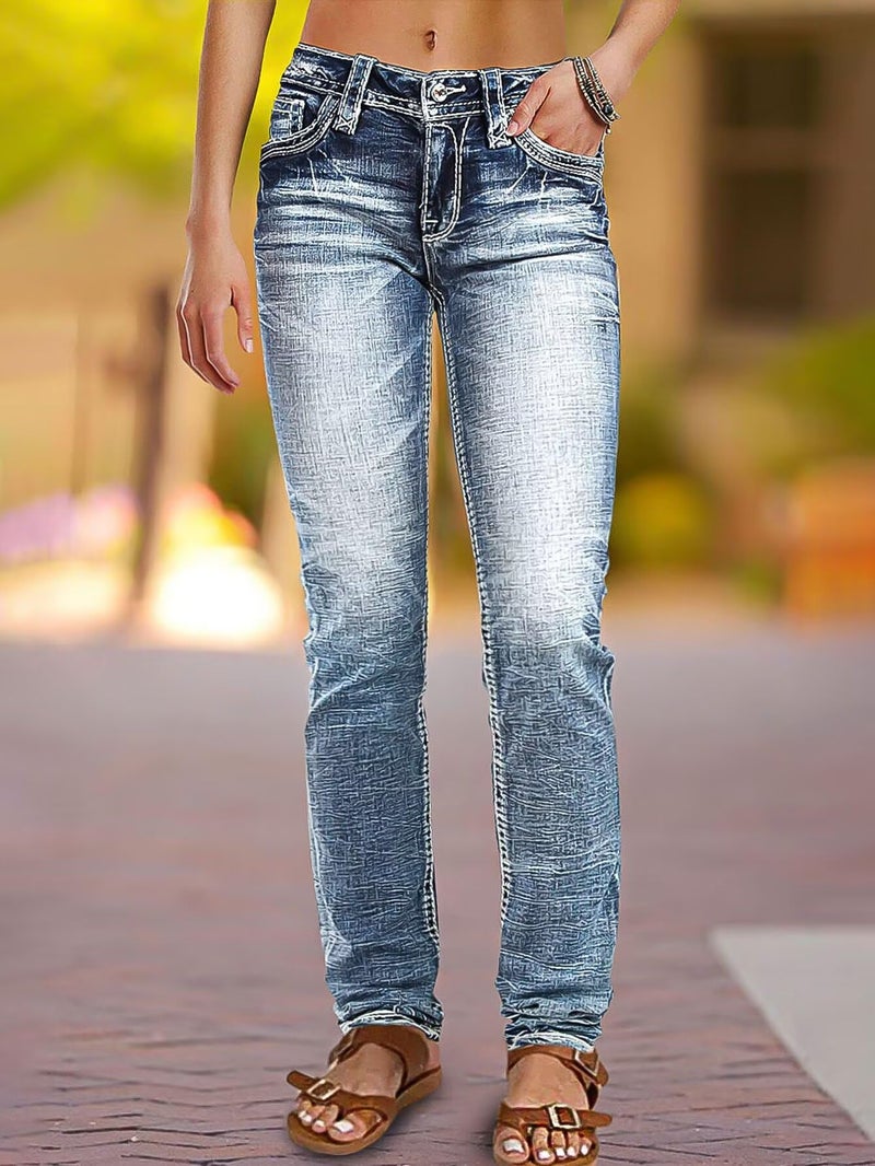 Flamingals Mid Rise Skinny Jeans for Women Trendy Wash Stretchy Butt Lifting Western Jeans with Pocket Back Artesia Light Blue M - Image 2