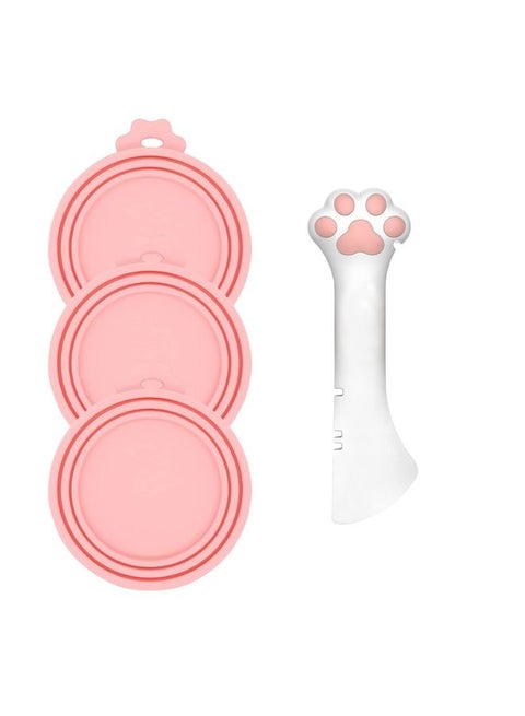 3 Pcs Pet Food Can Lids & One Can Spoon | Cute Paw Shape Opener Spatula Cat Wet Food Spoon | Universal BPA Free Silicone Can Spoon & Covers for Dog Cat Cans(Pink)
