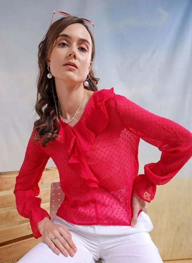 Freehand  Women Regular Fit Textured V-Neck Long Sleeve Ruffled Top  | Best Price UAE