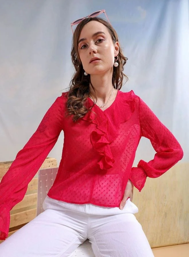 Freehand  Women Regular Fit Textured V-Neck Long Sleeve Ruffled Top  | Best Price UAE