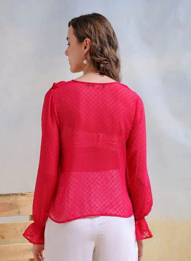 Freehand  Women Regular Fit Textured V-Neck Long Sleeve Ruffled Top  | Best Price UAE