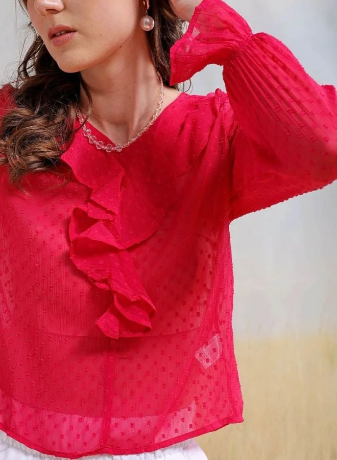 Freehand  Women Regular Fit Textured V-Neck Long Sleeve Ruffled Top  | Best Price UAE