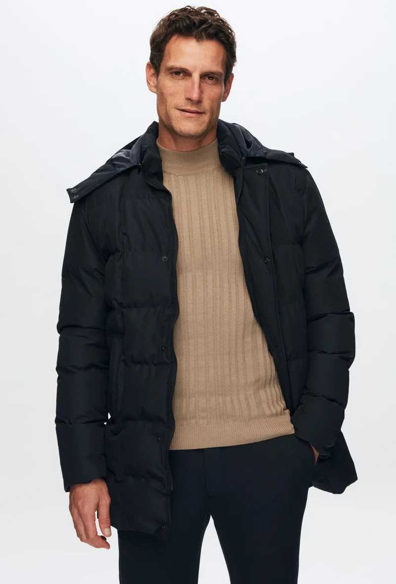 D'S DAMAT Regular Fit Navy Blue Windproof Water Repellent Fiber Filled Removable Hooded Winter Coat 1HF07ORT92475