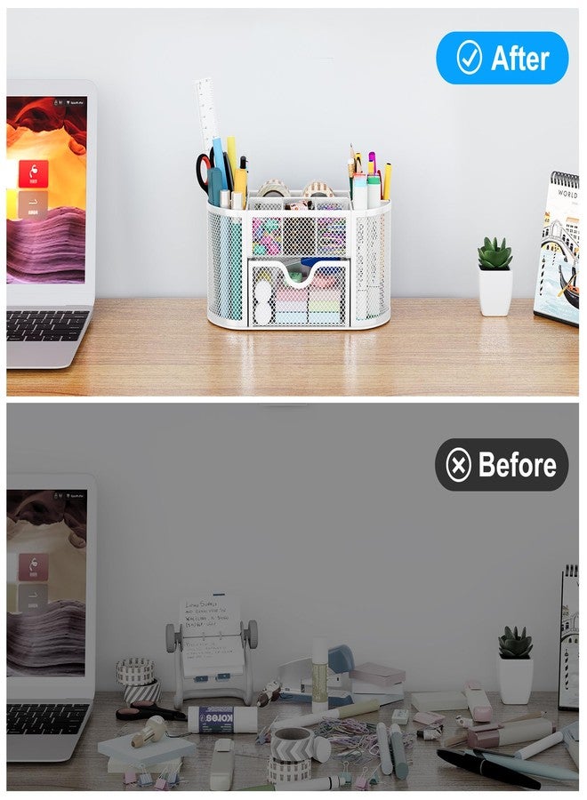 EasyPAG Mesh Pen Holder Desk Organizer with Drawer Stationery Supplies Organizer for Dorm School 9 Compartments Workspace Desk Accessories Organization for Office, White - Image 5