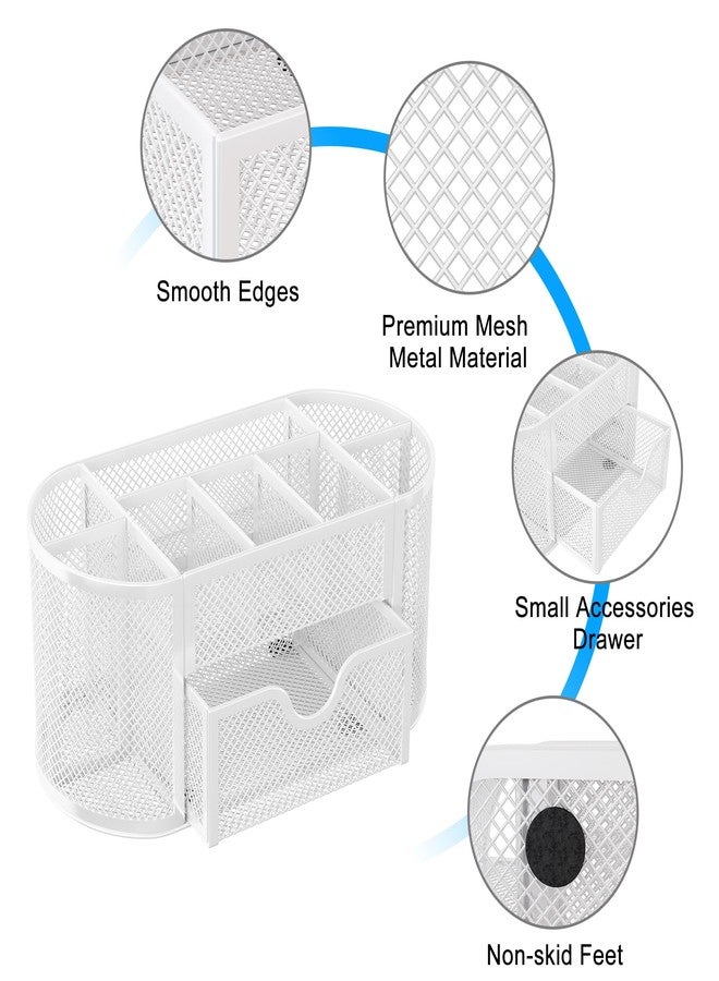EasyPAG Mesh Pen Holder Desk Organizer with Drawer Stationery Supplies Organizer for Dorm School 9 Compartments Workspace Desk Accessories Organization for Office, White - Image 4