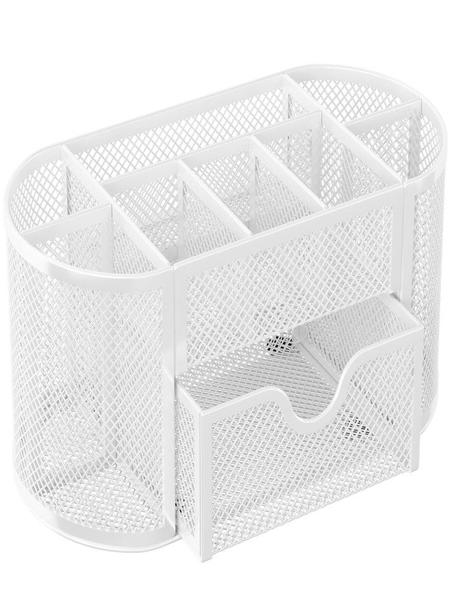 EasyPAG Mesh Pen Holder Desk Organizer with Drawer Stationery Supplies Organizer for Dorm School 9 Compartments Workspace Desk Accessories Organization for Office, White - Image 2