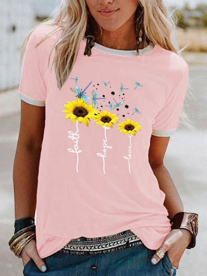 wish sunflower dragonfly pattern printing contrast color short sleeve t-shirt - Image 1