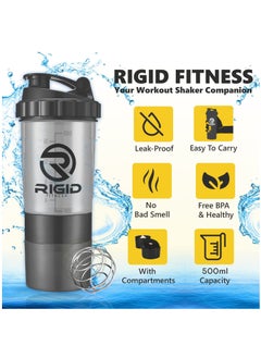 RIGID FITNESS Protein Shaker Bottle - Leak-Proof Mixer Bottle with Powder and Pill Storage Compartments - Healthy Gym Shaker BPA Free Shaker Suitable for Gym & Outdoor (Light Grey - Transparent) 500ml  - Image 3