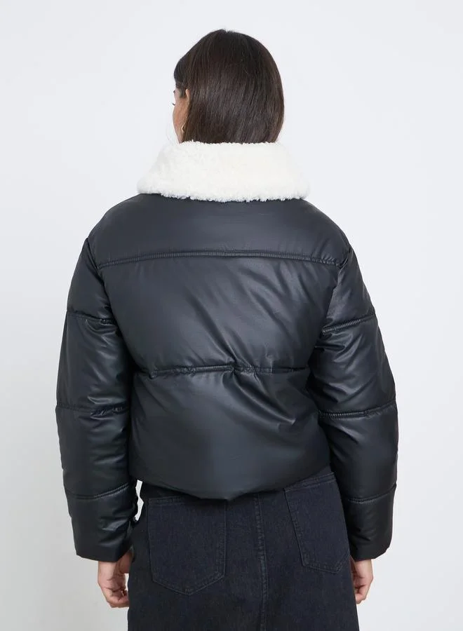 Styli Black Crop Padded Jacket with Fur Trim