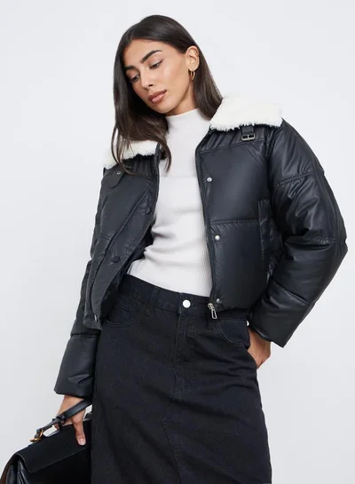 Styli Black Crop Padded Jacket with Fur Trim