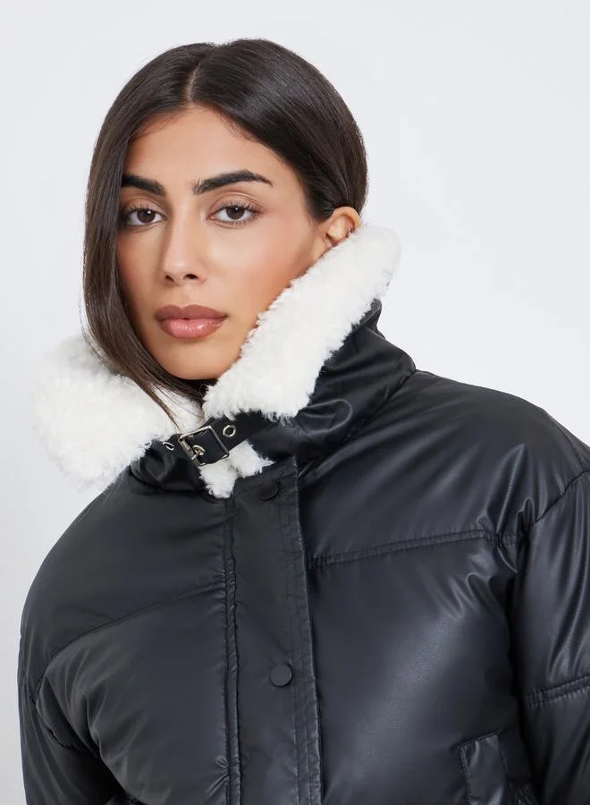 Styli Black Crop Padded Jacket with Fur Trim