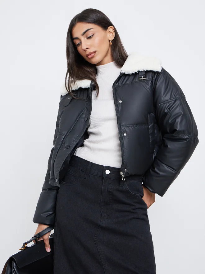 Styli Black Crop Padded Jacket with Fur Trim