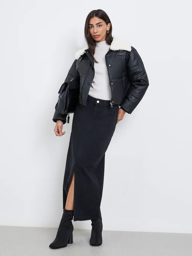 Styli Black Crop Padded Jacket with Fur Trim