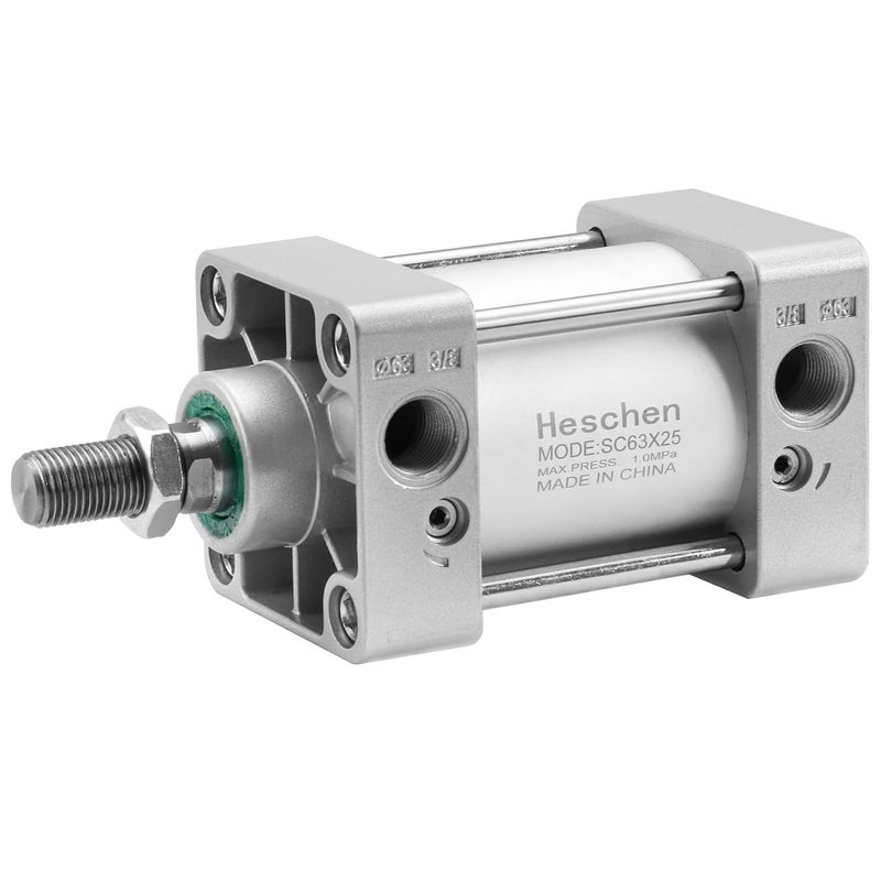 Heschen Pneumatic Standard Air Cylinder, SC 63-25, PT3/8'' Port, 63mm Bore, 25mm Stroke, Screwed Piston Rod Dual Action for Machinery Industry - Image 1