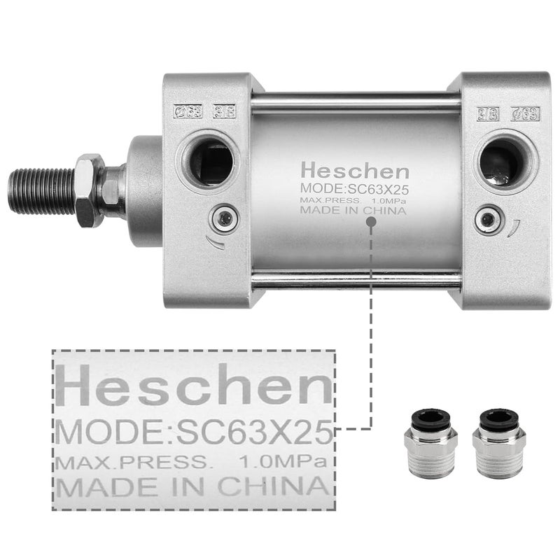 Heschen Pneumatic Standard Air Cylinder, SC 63-25, PT3/8'' Port, 63mm Bore, 25mm Stroke, Screwed Piston Rod Dual Action for Machinery Industry - Image 2