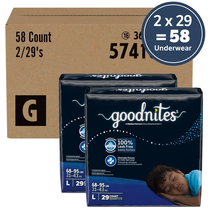 Goodnites Boys' Nighttime Bedwetting Underwear, Size Large (68-95 lbs), 58 Ct (2 Packs of 29), Packaging May Vary - Image 2