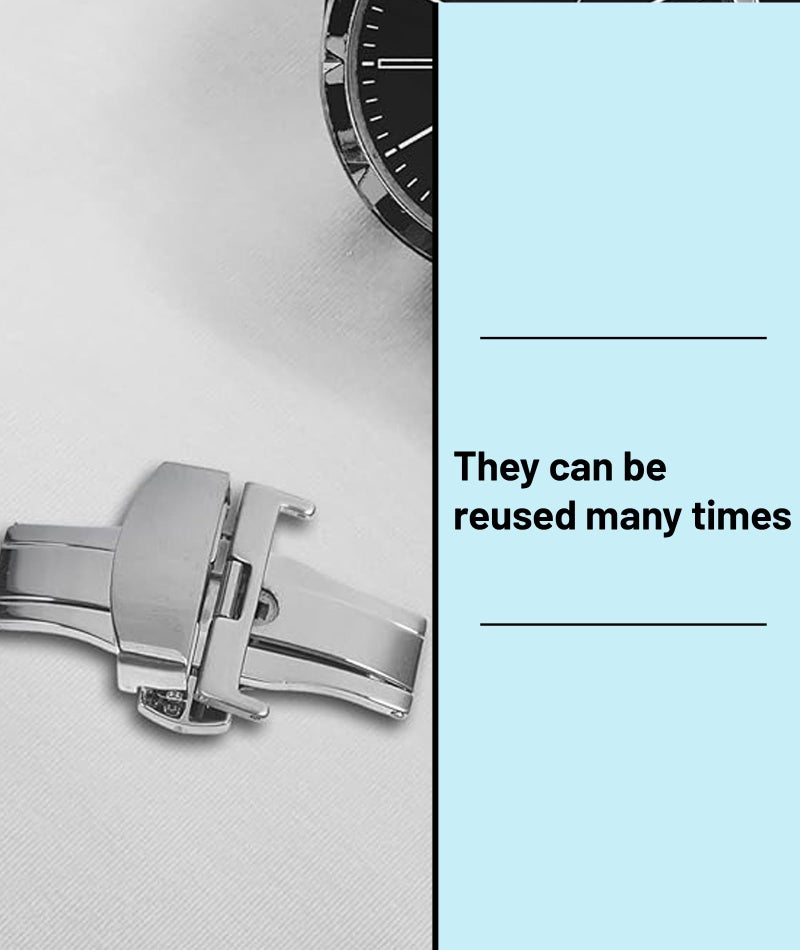 squishy 5-Piece Set Butterfly Clasp Watch Strap, Double Push Button Deployment Buckle with Spring Bar Tool, Silver Watch Band Replacement for Men and Women, for Formal and Casual Wear - Image 3