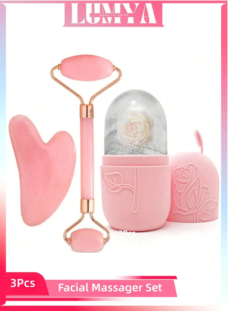 LUMYA 3 pcs Ice Roller Facial Massage Kit, Jade Roller Massager, Gua Sha Beauty Tool, Shrink Pores, Reduce Puffiness & Dark Circles, Skincare Massager for Face and Eyes(Pink) - Image 1