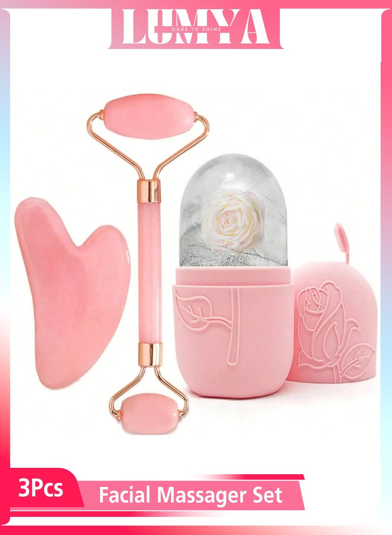 LUMYA 3 Pcs Ice Roller For Face, Facial Massage Kit, Jade Roller Massager, Gua Sha Beauty Tool, Shrink Pores, Reduce Puffiness & Dark Circles, Skincare Massager for Face and Eyes(Pink) - Image 1
