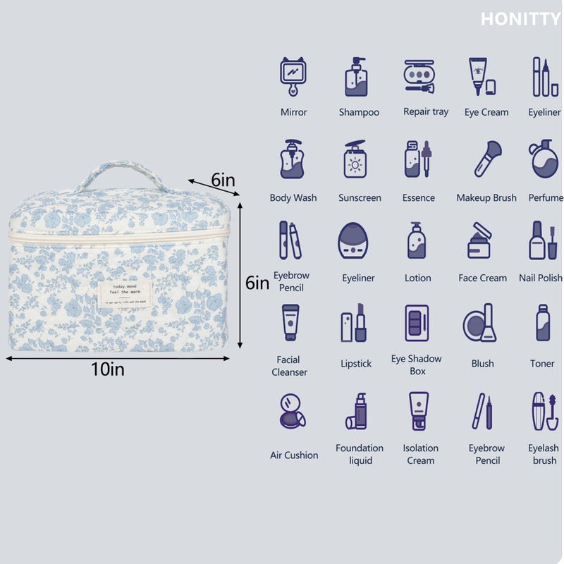 honitty Makeup Bag,Quilted Cosmetic Bags,Large Floral Make Up Bags for Women, Makeup Organize,Flower Travel Toiletry Bag - Image 1