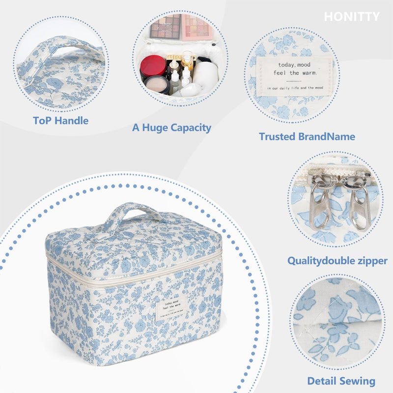 honitty Makeup Bag,Quilted Cosmetic Bags,Large Floral Make Up Bags for Women, Makeup Organize,Flower Travel Toiletry Bag - Image 2