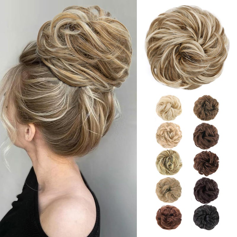 MORICA 1PCS Messy Hair Bun Hair Scrunchies Extension Curly Wavy Messy Bun Hair Synthetic Chignon Hairpieces for Women12AH613Light Golden Brown  Lightest Blonde