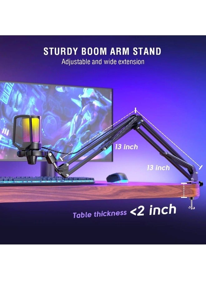 Gaming Microphone, USB PC Microphone for Streaming, Podcasting, Recording with RGB Controls, with Mute on, Volume Control and 3.5mm Headphone Jack, Black - with Boom Arm - Image 5