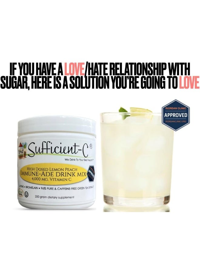 Sufficient-C High-Dosed 4000 mg. Vitamin C Lemon Peach Immune-Ade Drink Mix 250 gram Size - Refreshing with Generously Dosed L-lysine, Bromelain & 96% Pure, Caffeine-Free Green Tea Extract - Image 4