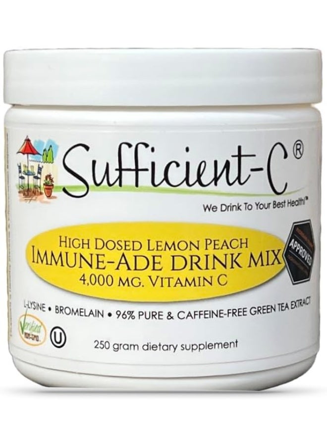 Sufficient-C High-Dosed 4000 mg. Vitamin C Lemon Peach Immune-Ade Drink Mix 250 gram Size - Refreshing with Generously Dosed L-lysine, Bromelain & 96% Pure, Caffeine-Free Green Tea Extract - Image 1