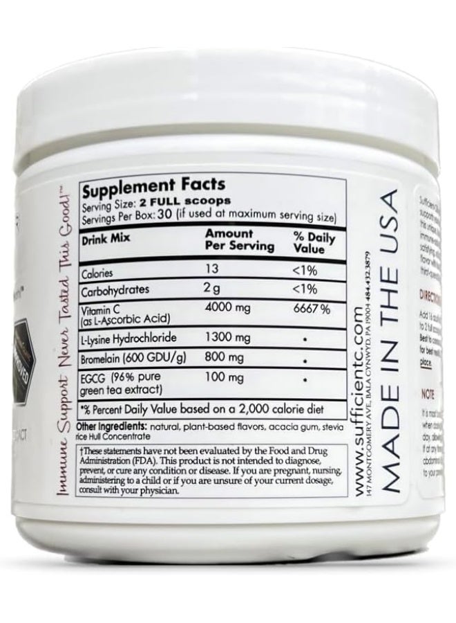 Sufficient-C High-Dosed 4000 mg. Vitamin C Lemon Peach Immune-Ade Drink Mix 250 gram Size - Refreshing with Generously Dosed L-lysine, Bromelain & 96% Pure, Caffeine-Free Green Tea Extract - Image 2