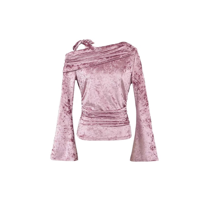 American-Style Pure Brick And Stone Velvet Oblique Shoulder Strap Horn Long Sleeve Pleated Slim T-Shirt 2025 Spring New Bottoming Shirt - Image 1