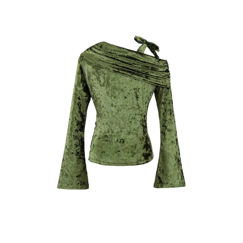 American-Style Pure Brick And Stone Velvet Oblique Shoulder Strap Horn Long Sleeve Pleated Slim T-Shirt 2025 Spring New Bottoming Shirt - Image 4