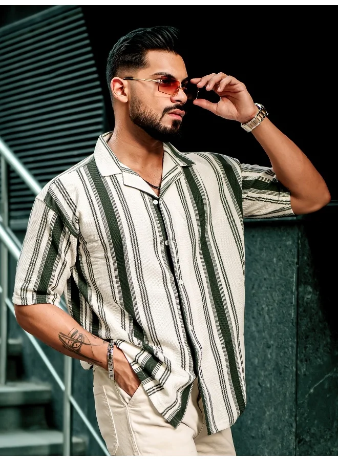 مانياك قميص رجالي بأكمام ثلاثة أرباع مخطط باللون الأخضر الزجاجي بنسيج خلية النحل
