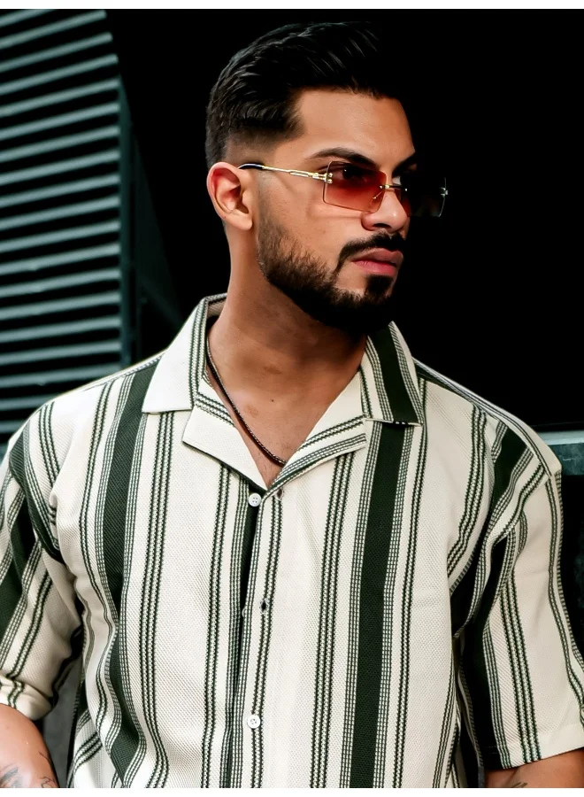 مانياك قميص رجالي بأكمام ثلاثة أرباع مخطط باللون الأخضر الزجاجي بنسيج خلية النحل