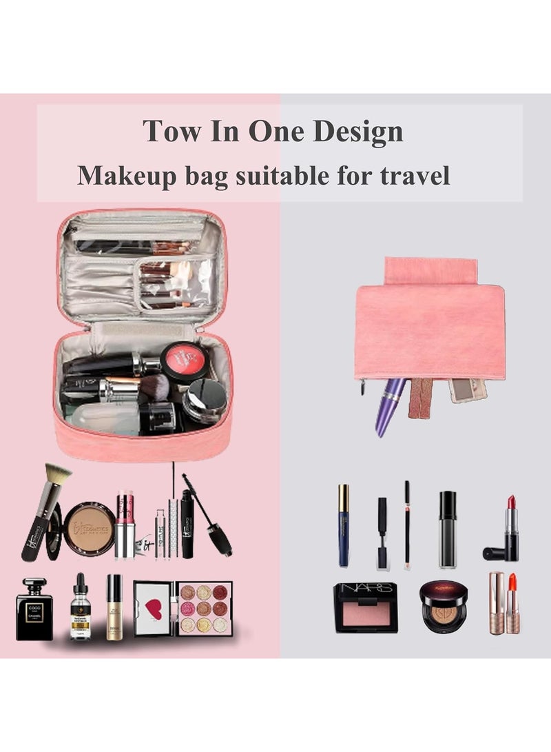 AUTOYSUR Makeup Bag Waterproof Cosmetic Bag Leather Makeup Travel Bag Portable Makeup Large Capacity Makeup Brush Bag Multifunctional Makeup Organizer Bag (Pink) - Image 2