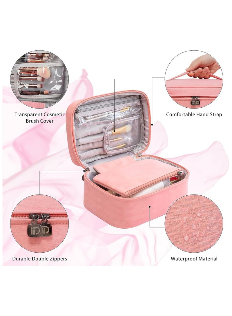 AUTOYSUR Makeup Bag Waterproof Cosmetic Bag Leather Makeup Travel Bag Portable Makeup Large Capacity Makeup Brush Bag Multifunctional Makeup Organizer Bag (Pink) - Image 4